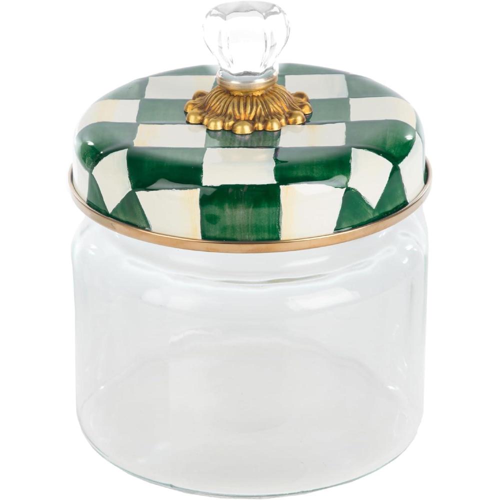 imageMACKENZIECHILDS Small Kitchen Canister Decorative Glass Storage Jar with Lid GreenandWhite Emerald CheckEmerald Check
