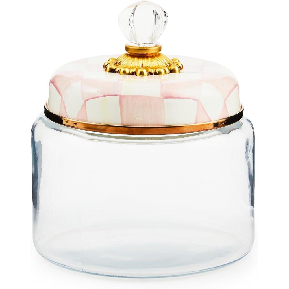 imageMACKENZIECHILDS Small Kitchen Canister Decorative Glass Storage Jar with Lid GreenandWhite Emerald CheckRosy Check