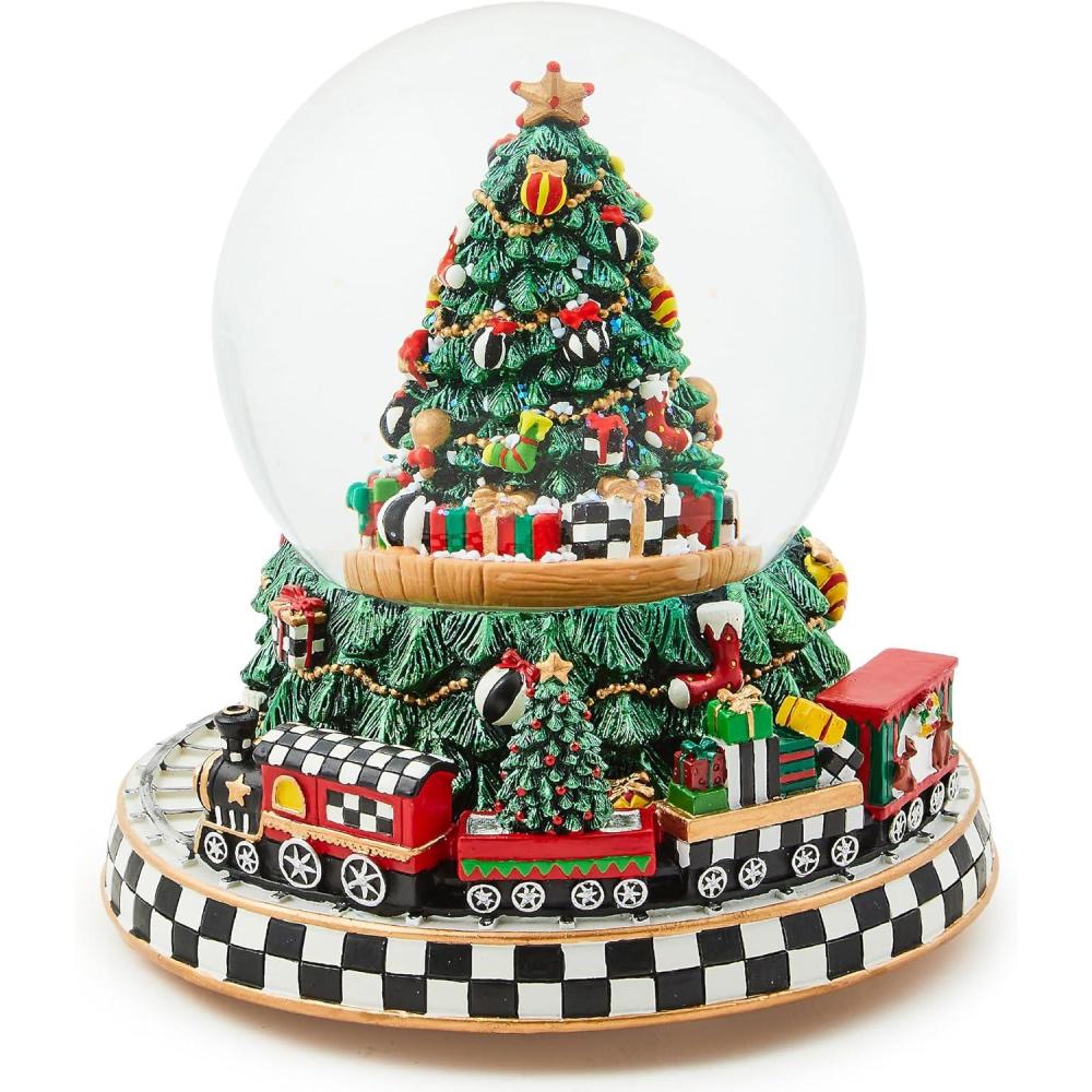 imageMACKENZIECHILDS Snow Globe Christmas Decoration for Living Room Holiday Decor Courtly TeapotCozy Christmas Tree  Train