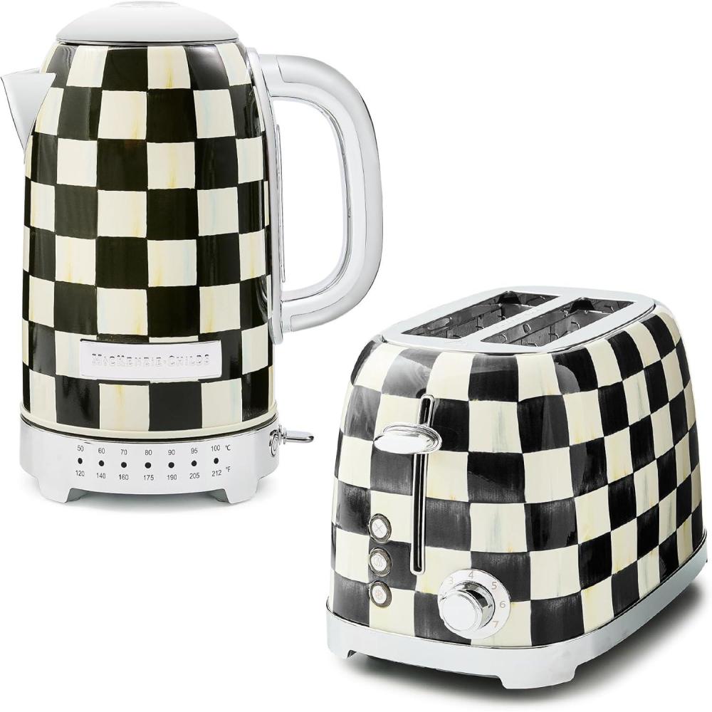 imageMACKENZIECHILDS StainlessSteel Electric Kettle Bundle with StainlessSteel 2Slice Toaster BlackandWhite Courtly Check