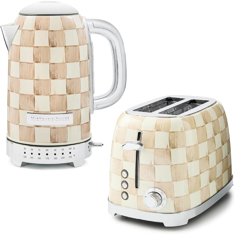 imageMACKENZIECHILDS StainlessSteel Electric Kettle Bundle with StainlessSteel 2Slice Toaster BrownandWhite Mocha Check