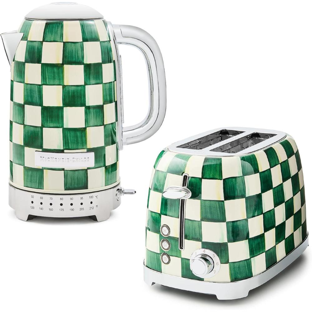 imageMACKENZIECHILDS StainlessSteel Electric Kettle Bundle with StainlessSteel 2Slice Toaster GreenandWhite Emerald Check