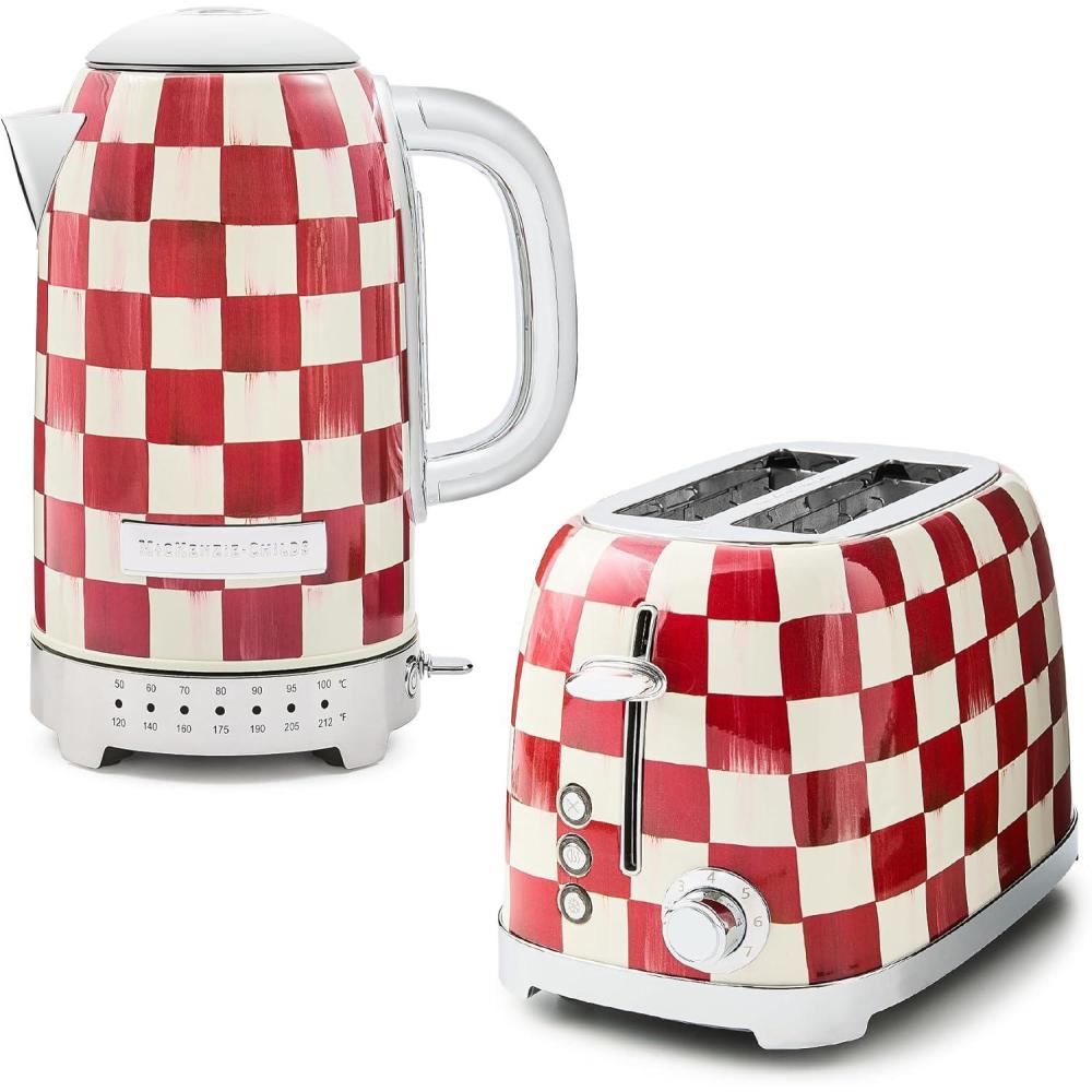 imageMACKENZIECHILDS StainlessSteel Electric Kettle Bundle with StainlessSteel 2Slice Toaster RedandWhite Cherry Check