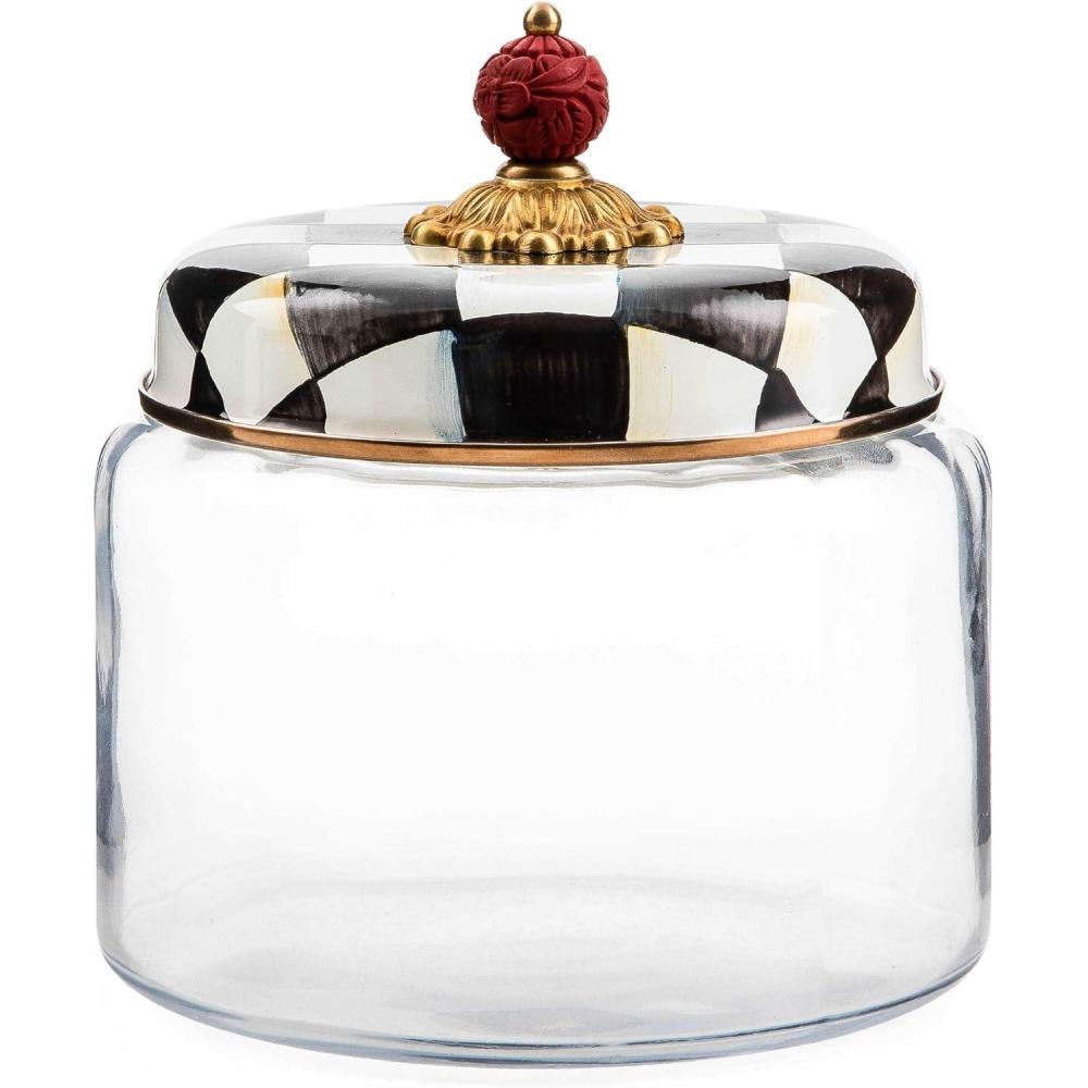 imageMACKENZIECHILDS Sterling Check Kitchen Canister Decorative GrayandWhite Glass Storage Jar with Lid MediumCourtly Check
