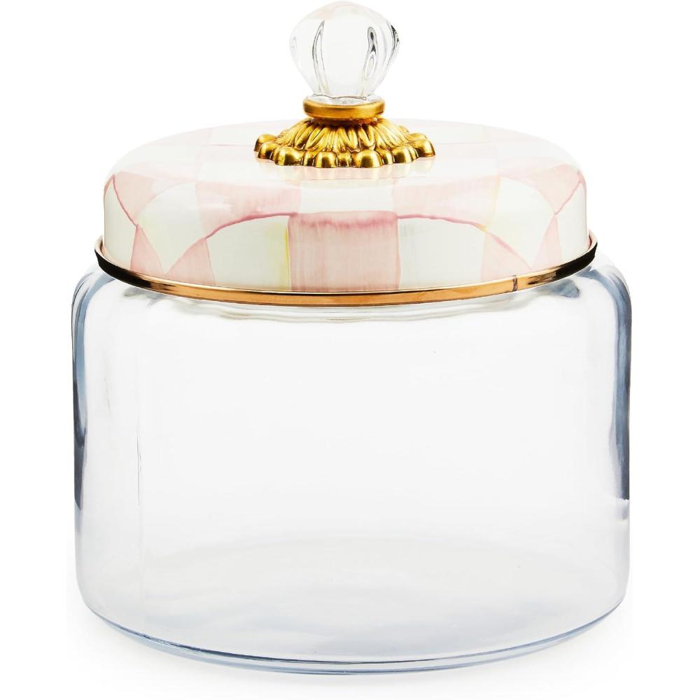 imageMACKENZIECHILDS Sterling Check Kitchen Canister Decorative GrayandWhite Glass Storage Jar with Lid MediumRosy Check