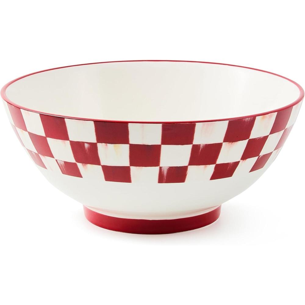 imageMACKENZIECHILDS Stoneware Serving Bowl Decorative Serveware Bowl 9 Inches RedandWhite Cherry Check