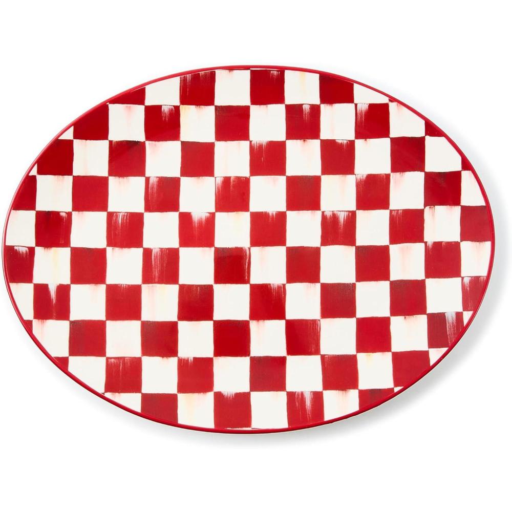 imageMACKENZIECHILDS Stoneware Serving Platter Decorative Dinnerware Plate 15quot W x 12quot L RedandWhite Cherry CheckCherry Check