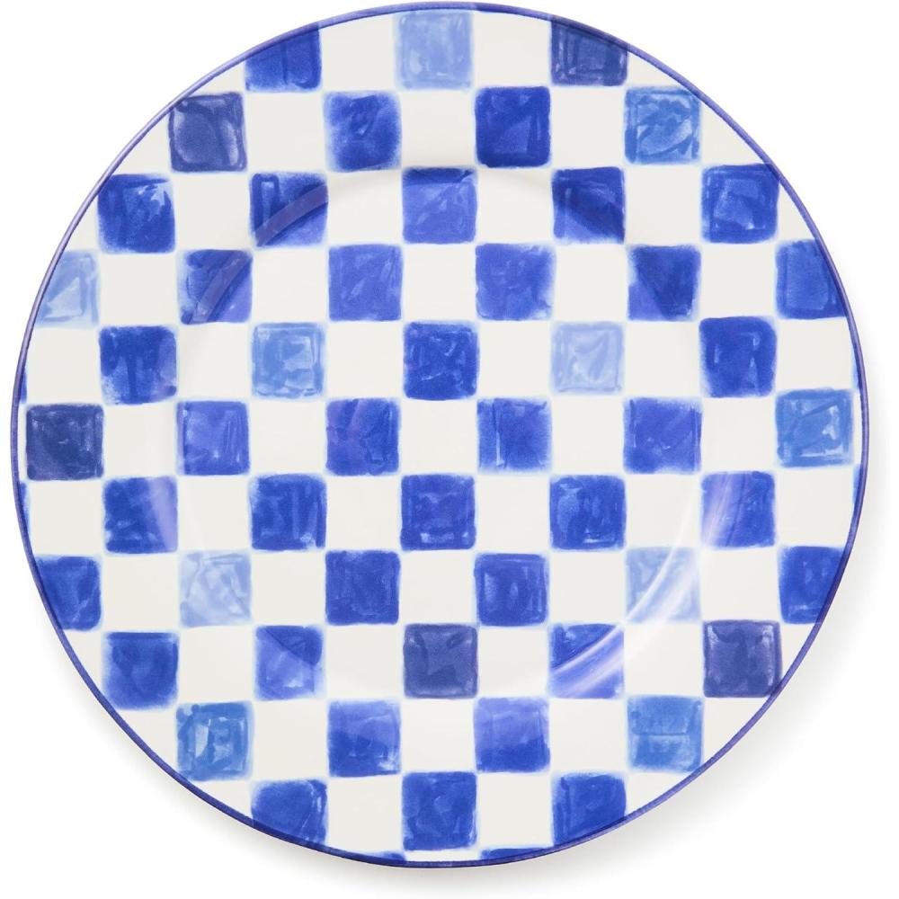 imageMACKENZIECHILDS Stoneware Serving Platter Decorative Dinnerware Plate 15quot W x 12quot L RedandWhite Cherry CheckIndigo
