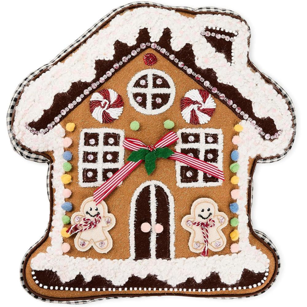 imageMACKENZIECHILDS Throw Pillow Decorative Cotton Pillow for Christmas Decor 16x16 Gingerbread House ShapeGingerbread House Shaped