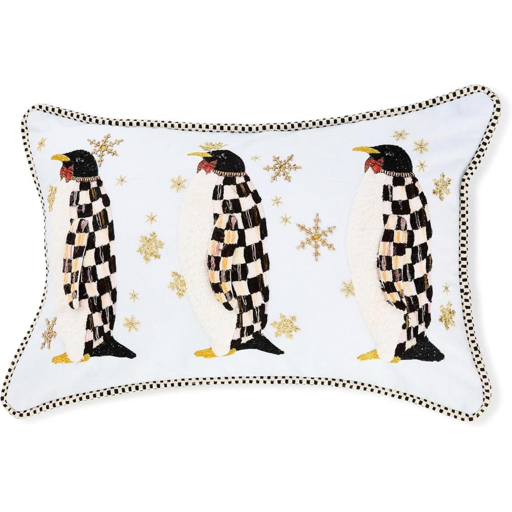 imageMACKENZIECHILDS Throw Pillow Decorative Cotton Pillow for Christmas Decor 16x16 Gingerbread House ShapePenguin Parade
