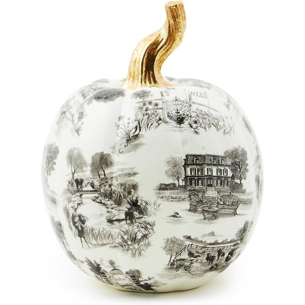 imageMACKENZIECHILDS Toile Small Resin Pumpkin Halloween Tabletop Decor BlueandWhite RoyalBlack
