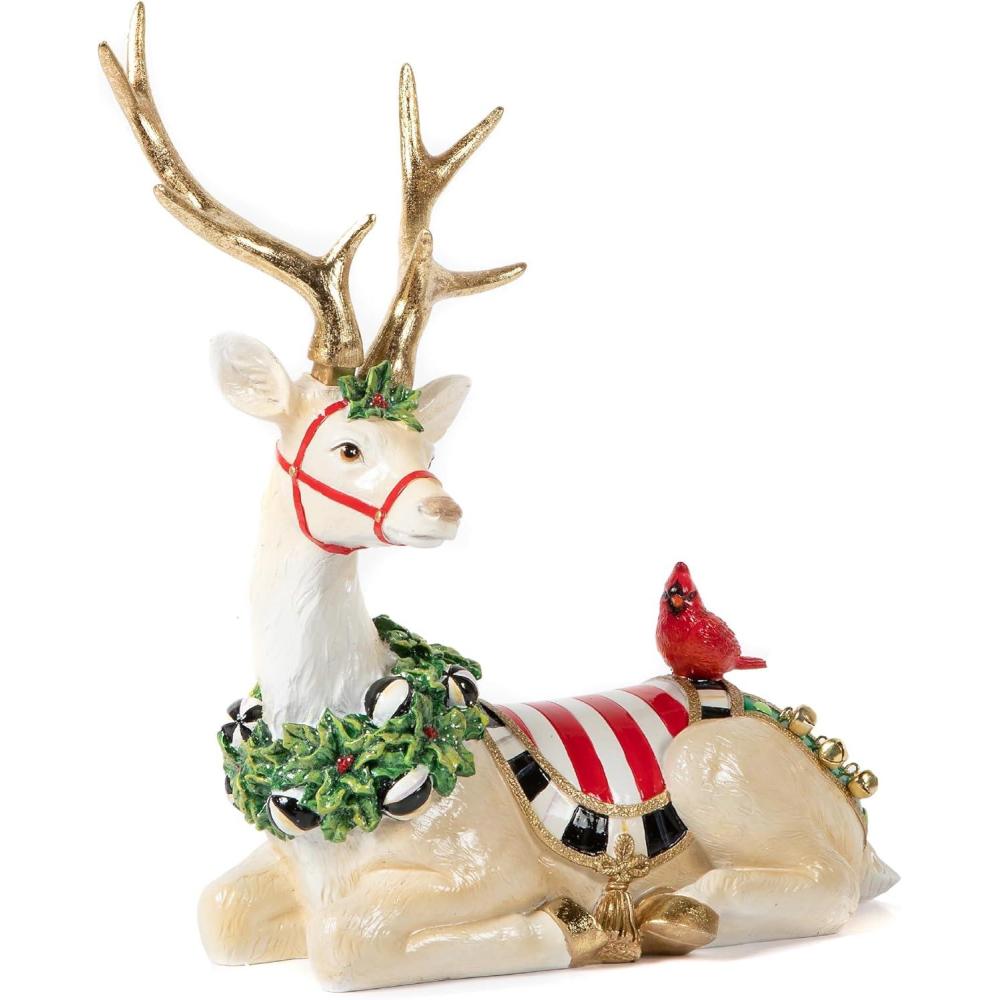 imageMACKENZIECHILDS White Jolly Deer Statue Christmas Deer Decor SittingSitting