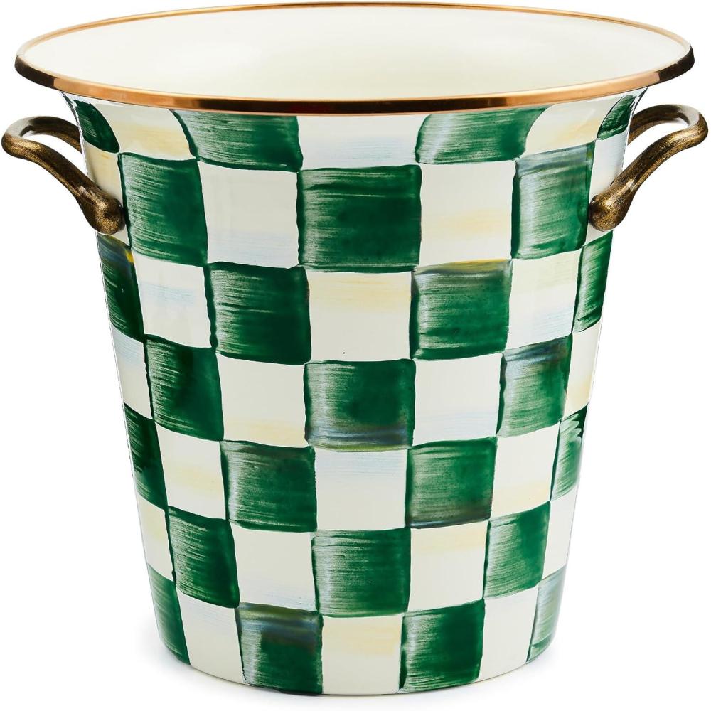 imageMACKENZIECHILDS Wine Cooler Champagne and Wine Bucket Ice Bucket BrownandWhite Mocha CheckEmerald Check