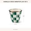 MACKENZIE-CHILDS Enamel Herb Pots, Small Plant Pots for Herbs or Flowers, Set of 3, Brown-and-White Mocha Check(Emerald Check)