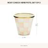 MACKENZIE-CHILDS Enamel Herb Pots, Small Plant Pots for Herbs or Flowers, Set of 3, Brown-and-White Mocha Check(Rosy Check)