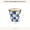 MACKENZIE-CHILDS Enamel Herb Pots, Small Plant Pots for Herbs or Flowers, Set of 3, Brown-and-White Mocha Check(Royal Check)