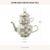 MACKENZIE-CHILDS Enamel High-Tea Teapot, Cup, and Lid, Cute Teapot and Teacup Combo, Black-and-White Courtly Check(Sterling Check)