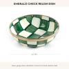 MACKENZIE-CHILDS Enamel Relish Dish, Small Serving Bowl for Entertaining, Brown-and-White Mocha Check(Emerald Check)