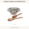 MACKENZIE-CHILDS Enamel Salad Serving Set, Enamel Bowl and Wooden Salad Servers, Decorative Kitchen Set, Brown-and-White Mocha Check(Courtly Check)