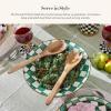 MACKENZIE-CHILDS Enamel Salad Serving Set, Enamel Bowl and Wooden Salad Servers, Decorative Kitchen Set, Brown-and-White Mocha Check(Emerald Check)