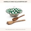 MACKENZIE-CHILDS Enamel Salad Serving Set, Enamel Bowl and Wooden Salad Servers, Decorative Kitchen Set, Brown-and-White Mocha Check(Emerald Check)