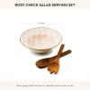MACKENZIE-CHILDS Enamel Salad Serving Set, Enamel Bowl and Wooden Salad Servers, Decorative Kitchen Set, Brown-and-White Mocha Check(Rosy Check)