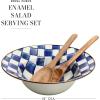 MACKENZIE-CHILDS Enamel Salad Serving Set, Enamel Bowl and Wooden Salad Servers, Decorative Kitchen Set, Brown-and-White Mocha Check(Royal Check)