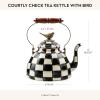 MACKENZIE-CHILDS Enamel Tea Kettle, Cute Kitchen Kettle for Stovetop, 3-Quart Capacity, Black-and-White Courtly Check with Bird Topper(Courtly Check)