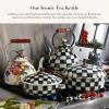MACKENZIE-CHILDS Enamel Tea Kettle, Cute Kitchen Kettle for Stovetop, 3-Quart Capacity, Black-and-White Courtly Check with Bird Topper(White Flower Market)
