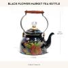 MACKENZIE-CHILDS Enamel Tea Kettle, Decorative Tea Kettle for Stovetop, 3 Quarts, Wild Rose Brown(Black Flower Market)