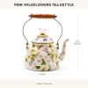 MACKENZIE-CHILDS Enamel Tea Kettle, Decorative Tea Kettle for Stovetop, 3 Quarts, Wild Rose Brown(Pink Wildflowers)