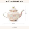 MACKENZIE-CHILDS Enamel Teapot, Cute Small Teapot with Lid, 4-Cup Capacity, Black-and-White Courtly Check(Rosy Check)