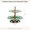 MACKENZIE-CHILDS Enamel Three-Tier Sweet Stand, Three-Tiered Serving-Tray Stand, Party Food Display, Black-and-White Courtly Check(Emerald Check)