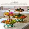 MACKENZIE-CHILDS Enamel Three-Tier Sweet Stand, Three-Tiered Serving-Tray Stand, Party Food Display, Black-and-White Courtly Check(Emerald Check)