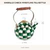 MACKENZIE-CHILDS Enamel Whistling Tea Kettle, Decorative Teapot for Stovetop, Black-and-White Courtly Check(Emerald Check)