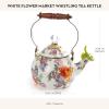 MACKENZIE-CHILDS Enamel Whistling Tea Kettle, Decorative Teapot for Stovetop, Black-and-White Courtly Check(Flower Market White)