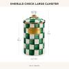 MACKENZIE-CHILDS Large Enamel Canister, Kitchen Storage Container for Flour and Sugar, 1.89 Liters, Grey-and-White Sterling Check(Emerald Check)