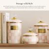 MACKENZIE-CHILDS Large Enamel Canister, Kitchen Storage Container for Flour and Sugar, 1.89 Liters, Grey-and-White Sterling Check(Rosy Check)