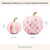 MACKENZIE-CHILDS Set of 2 Pumpkins, Resin Halloween and Fall Decor, Small and Medium, Mossy-Green-and-White Moss Stripe and Check(Bubblegum Stripe & Check)