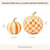 MACKENZIE-CHILDS Set of 2 Pumpkins, Resin Halloween and Fall Decor, Small and Medium, Mossy-Green-and-White Moss Stripe and Check(Orange Stripe & Check)