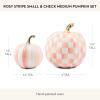 MACKENZIE-CHILDS Set of 2 Pumpkins, Resin Halloween and Fall Decor, Small and Medium, Mossy-Green-and-White Moss Stripe and Check(Rosy Stripe & Check)