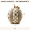 MACKENZIE-CHILDS Short Pumpkin, Resin Halloween Home Decor, Mocha Check and Block Print