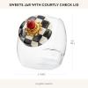 MACKENZIE-CHILDS Sweets Jar with Enamel Lid, Small Glass Cookie Jar or Kitchen Jar, 0.5-Gallon Capacity, Pink-and-White Rosy Check(Courtly Check)