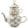 MACKENZIE-CHILDS Enamel High-Tea Teapot, Cup, and Lid, Cute Teapot and Teacup Combo, Black-and-White Courtly Check(Sterling Check)