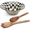 MACKENZIE-CHILDS Enamel Salad Serving Set, Enamel Bowl and Wooden Salad Servers, Decorative Kitchen Set, Brown-and-White Mocha Check(Courtly Check)
