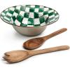 MACKENZIE-CHILDS Enamel Salad Serving Set, Enamel Bowl and Wooden Salad Servers, Decorative Kitchen Set, Brown-and-White Mocha Check(Emerald Check)