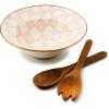 MACKENZIE-CHILDS Enamel Salad Serving Set, Enamel Bowl and Wooden Salad Servers, Decorative Kitchen Set, Brown-and-White Mocha Check(Rosy Check)