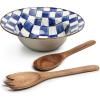 MACKENZIE-CHILDS Enamel Salad Serving Set, Enamel Bowl and Wooden Salad Servers, Decorative Kitchen Set, Brown-and-White Mocha Check(Royal Check)