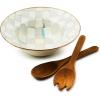 MACKENZIE-CHILDS Enamel Salad Serving Set, Enamel Bowl and Wooden Salad Servers, Decorative Kitchen Set, Brown-and-White Mocha Check(Sterling Check)