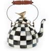 MACKENZIE-CHILDS Enamel Tea Kettle, Cute Kitchen Kettle for Stovetop, 3-Quart Capacity, Black-and-White Courtly Check with Bird Topper(Courtly Check)